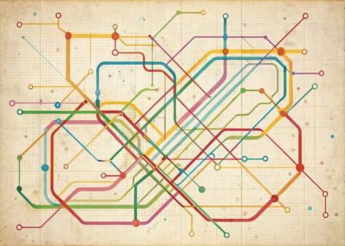 Vintage Style Abstract Background with Simple Minimalist Subway Map Design Featuring Colorful Lines and Dots on a White Background for Modern Art Enthusiasts