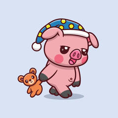 Cute Cartoon Tired Sleepy Pig Holding a Toy Bear Vector Icon Illustration. Animal Nature Icon Concept Isolated Premium Vector. Animals Cartoon Style.