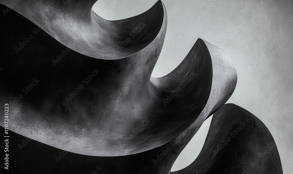 Poster abstract monochrome sculpture showcasing dynamic curves and textured surface in a surreal black and 