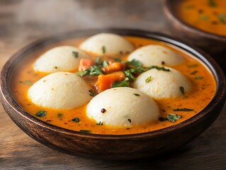 Steaming South Indian idlis served with tangy vegetable sambar in wooden bowl.