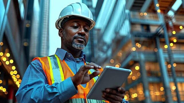 A construction manager confidently reviews plans on a tablet in a bustling urban street, with city lights glowing in the evening backdrop.