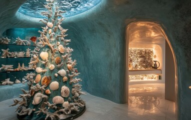 A contemporary room with an underwater theme The Christmas tree is shaped like coral, adorned with seashells and ocean-inspired ornaments for a unique festive touch