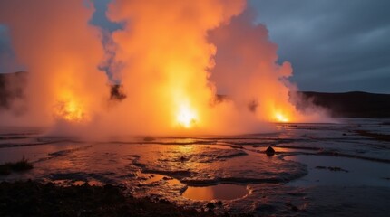 Fototapeta premium Icelandic Geysers Silhouette with Steam
