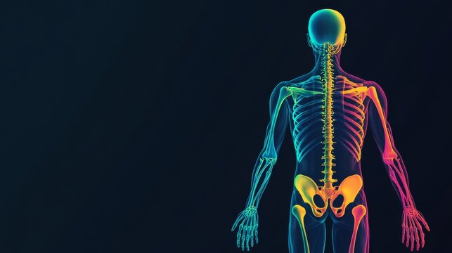 An abstract illustration of the human skeletal system with different bones highlighted in various colors against a light grey background, macro shot, Minimalist style