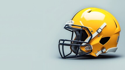 Side view of a bright yellow football helmet with a black faceguard and chin straps on a plain gray background.