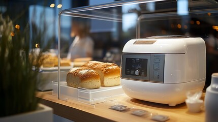 A bread maker with freshly baked rolls displayed in a modern setting.