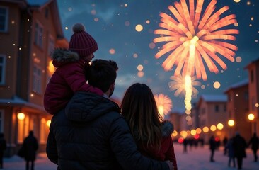 Happy families, parents and children watch the fireworks during a snowy winter walk in nature. Holidays. The winter season. The advent of Christmas and New Year. A place for the text. The banner