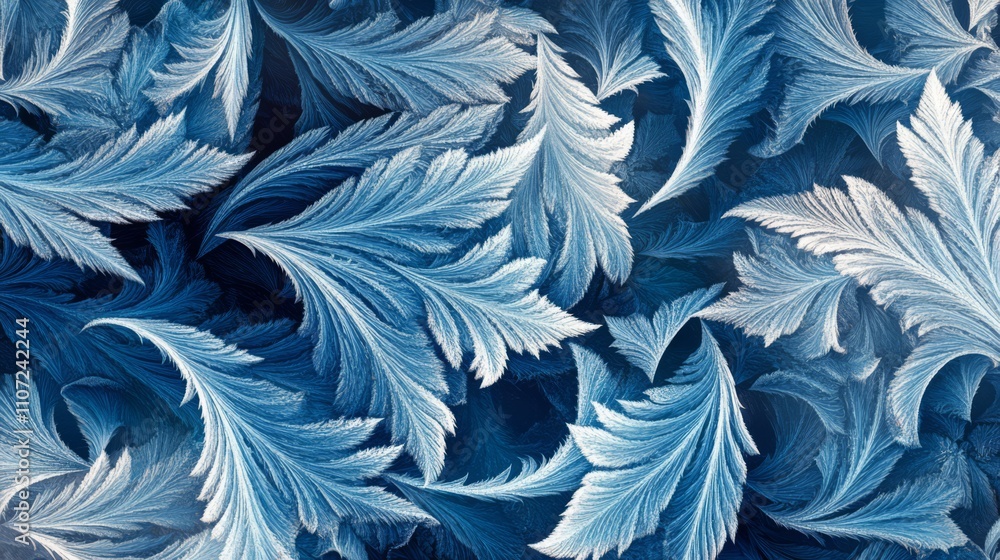 Poster intricate frost patterns on a window pane, showcasing a variety of shapes and shades of blue.