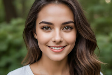 Fototapeta premium Beautiful smiling woman with long brown hair showing perfect white teeth in nature
