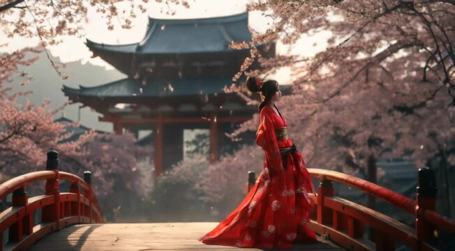 A Serene Journey: A Woman in a Red Silk Kimono Walking Among Cherry Blossoms Towards a Buddhist Templ