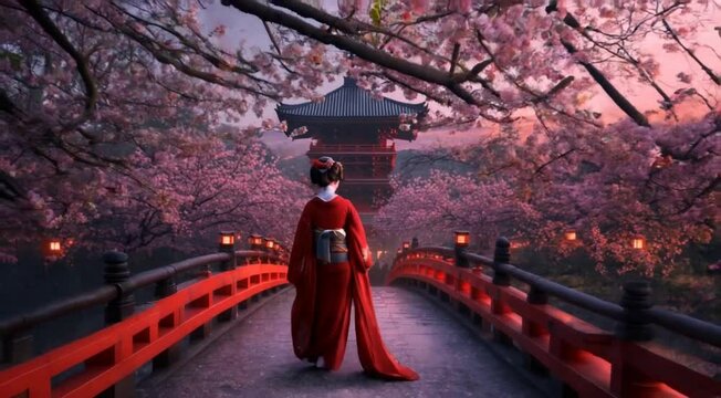 A Serene Journey: A Woman in a Red Silk Kimono Walking Among Cherry Blossoms Towards a Buddhist Templ