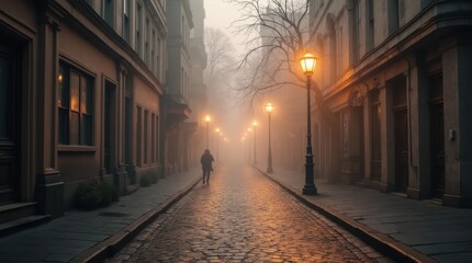 Obraz premium Cobblestone Street at Dawn with Vintage Lampposts