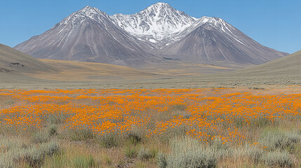 Fototapeta premium vibrant field of orange wildflowers blooms under clear blue sky, with majestic snow capped mountains in background, creating stunning natural landscape