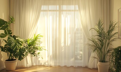 Fototapeta premium Sunlit Room with Sheer Curtains and Potted Plants