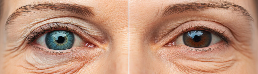 Fototapeta premium Surgery eyelid rejuvenation concept. The image contrasts two eyes: one blue and one brown, highlighting different features such as wrinkles and skin texture.