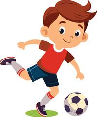 Soccer Dreams: A cheerful young boy in a red and blue soccer uniform kicks a ball with a playful grin