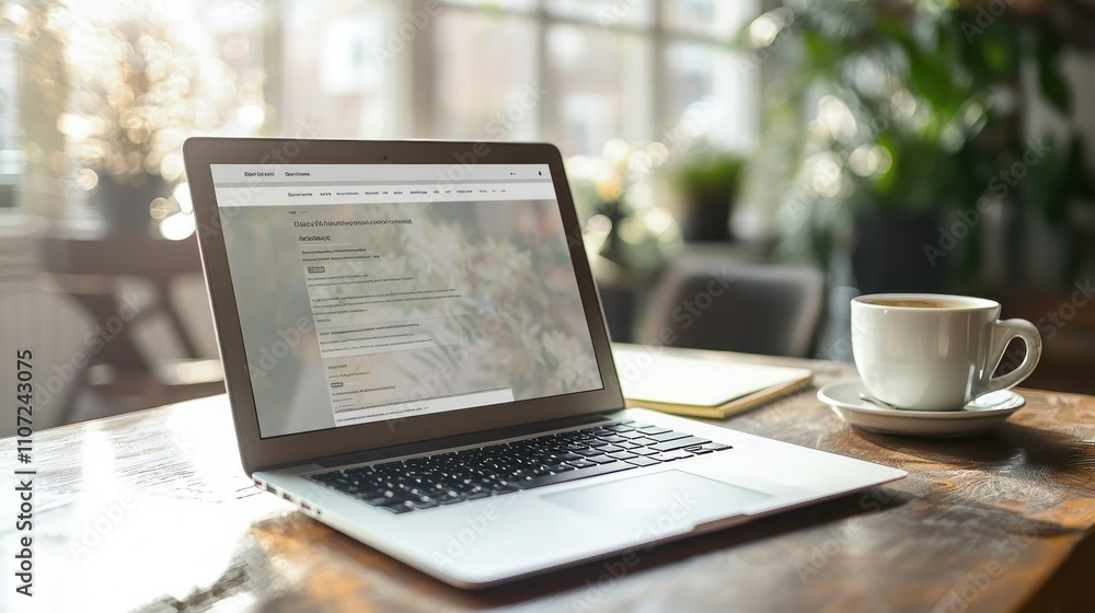 Poster responsive webpage on laptop: a modern webpage design displayed on a laptop screen, with a coffee cu