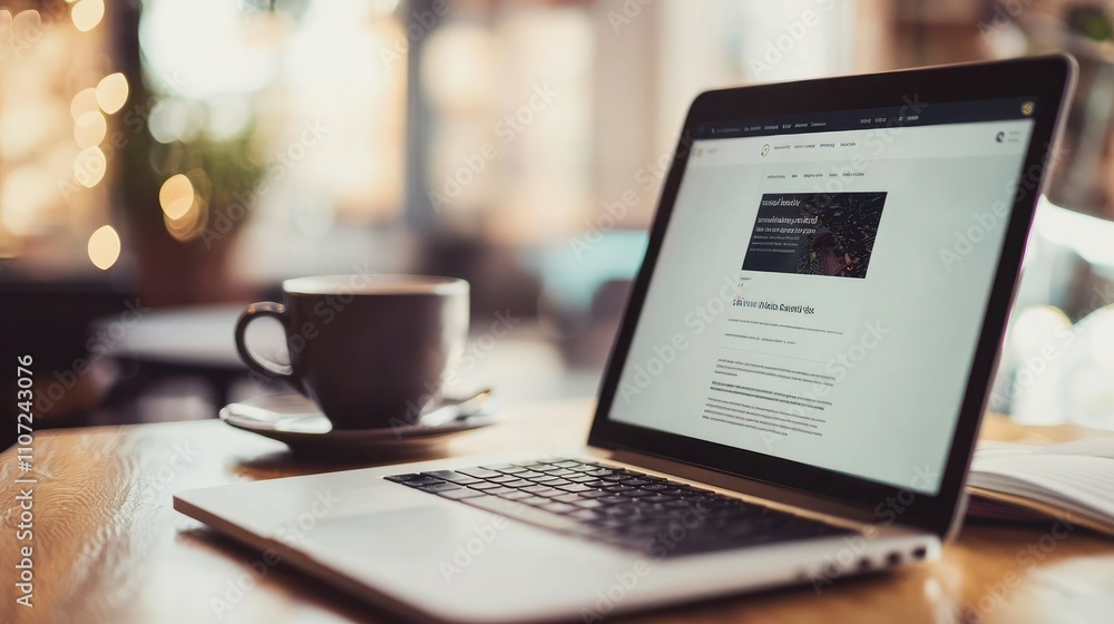 Poster responsive webpage on laptop: a modern webpage design displayed on a laptop screen, with a coffee cu