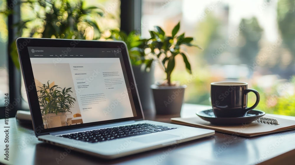 Poster responsive webpage on laptop: a modern webpage design displayed on a laptop screen, with a coffee cu