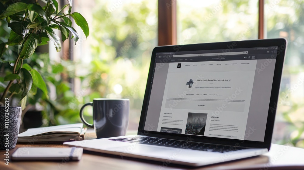 Poster responsive webpage on laptop: a modern webpage design displayed on a laptop screen, with a coffee cu