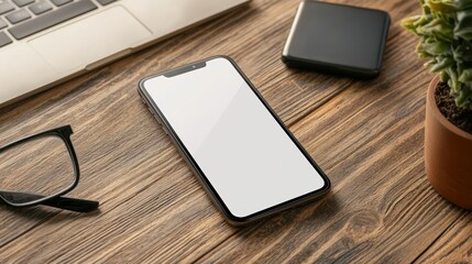 Smartphone Mockup: A sleek smartphone with a blank screen ready for a customizable app or website design, placed on a wooden desk with office accessories.
