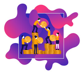 Working team collecting stacks of money coins