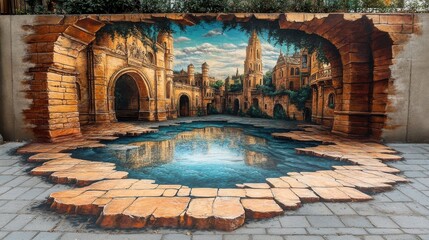 3D mural showcases a serene landscape featuring a tranquil pool surrounded by intricate architectural details. The artwork creates an illusion of depth and realism.