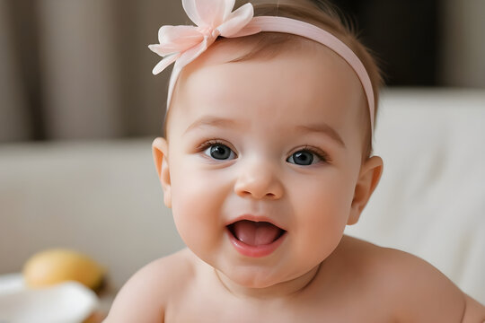 Adorable baby girl smiling and wearing pink headband - Powered by Adobe