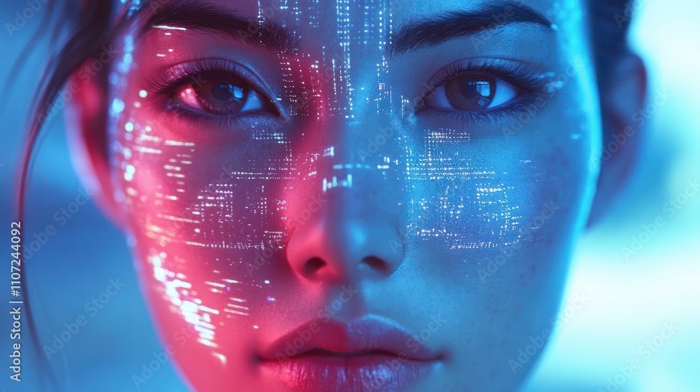 Poster woman face with futuristic technology concepts and ai-driven innovation, symbolizing the exploration