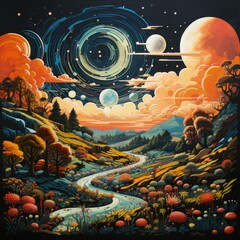 Obraz premium Vintage Poster of a Groovy Countryside Blueprint