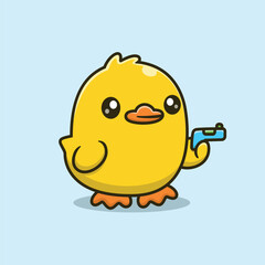 Obraz premium Cartoon Cute Duck Hold Gun Vector Icon Illustration. Animal Nature Icon Concept Isolated Premium Vector. Flat Cartoon Style