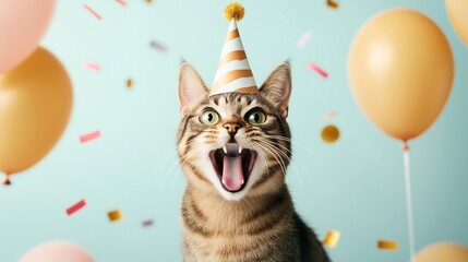 Cheerful tabby cat wearing a party hat surrounded by balloons and confetti on a light blue background
