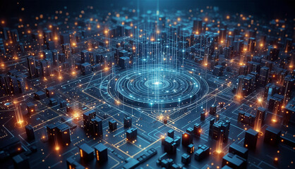 Futuristic city with glowing networks of light representing data connections in a digital world