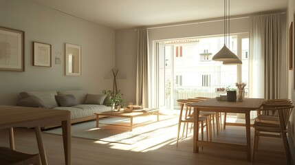 Open-plan Scandinavian apartment, modern living room with a cozy sofa, dining area with a wooden table, and light neutral tones throughout