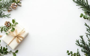 Fototapeta premium A Scandinavian-inspired wreath with minimalistic greenery and a simple bow on a white backdrop
