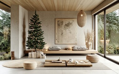 A serene and minimalist home with Japanese-inspired decor The Christmas tree is crafted from bamboo stalks, adorned with origami ornaments and soft string lights for a Zen holiday vibe