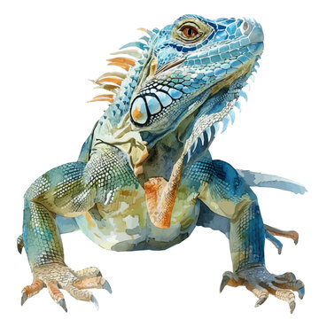 watercolor iguana portrait, blue and green clip art preview