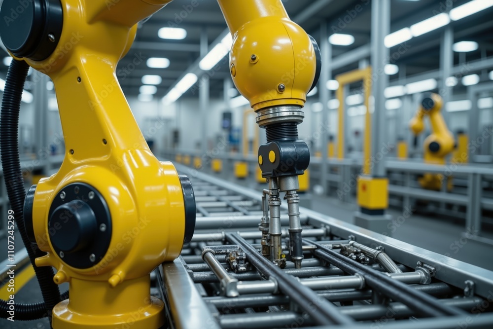 Poster robotic arm assembling products on a modern industrial production line in a high-tech factory enviro