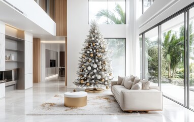 A sophisticated living room with a minimalist Christmas tree adorned with white and gold decorations The bright and open space is designed with a modern touch and festive accents
