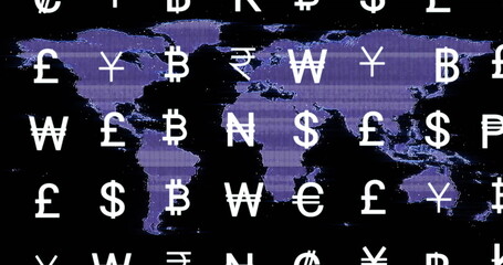 Image of business icons financial data processing over world map