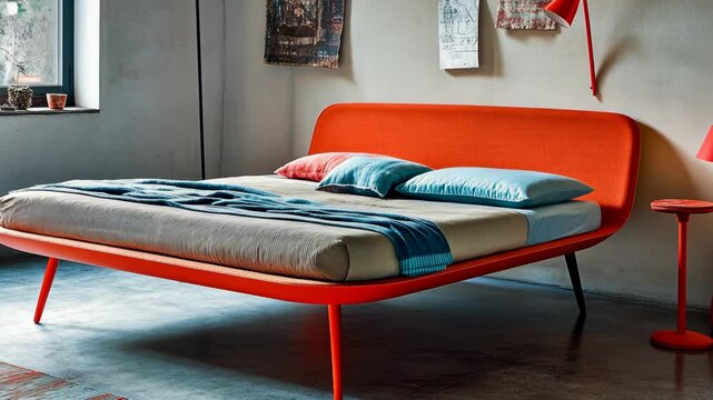 Modern bedroom featuring a vibrant red bed and minimalist decor with natural light from a large window