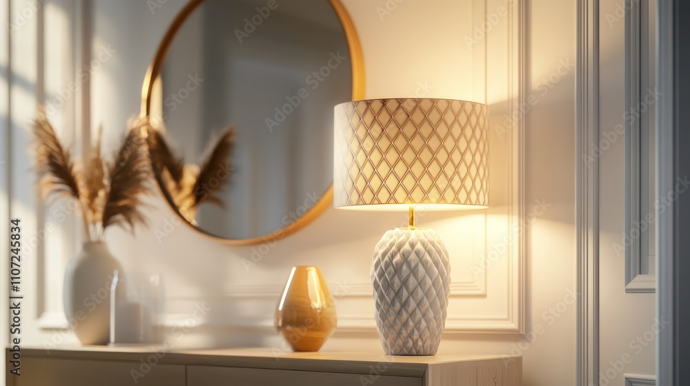 Poster a chic lamp mockup featuring a geometric design, placed on a console table in a hallway, complemente