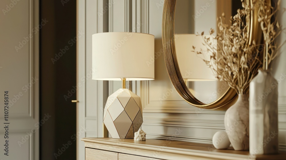 Poster a chic lamp mockup featuring a geometric design, placed on a console table in a hallway, complemente