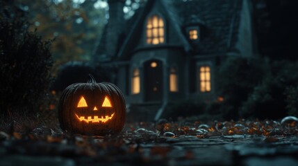 Lit Jackolantern Outside A Spooky House At Night