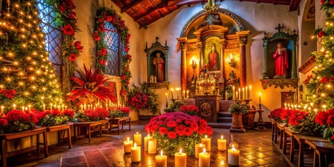 Obraz premium Vintage Style Photography Capturing Traditional Misa de Gallo Celebration in a Mexican Church with Lit Candles, Floral Decor, and Warm Atmosphere during Christmas Season
