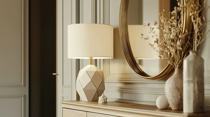 A chic lamp mockup featuring a geometric design, placed on a console table in a hallway, complemented by decorative vases and a mirror