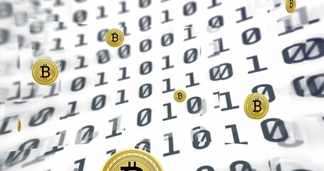 Image of bitcoin currency icons financial data processing over binary coding