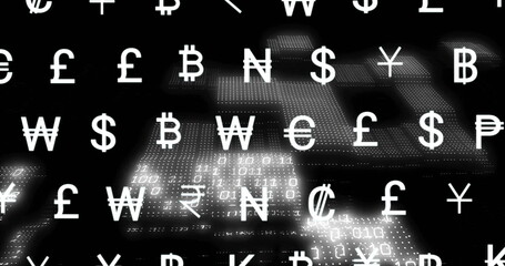 Image of currency icons financial data processing over binary coding