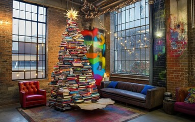 A vibrant industrial loft with a colorful graffiti mural The Christmas tree is made of stacked books, decorated with fairy lights and literary-themed ornaments for a creative holiday display