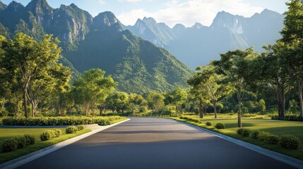 Naklejka premium Scenic Asphalt Road Through Lush Forest with Majestic Mountains in the Distance
